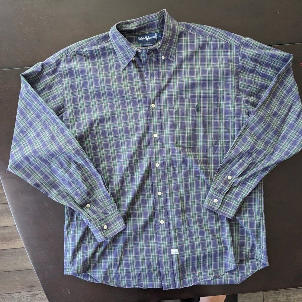 Ralph Lauren Mens Large Plaid Button Down Shirt Purple Green Cotton Long Sleeve